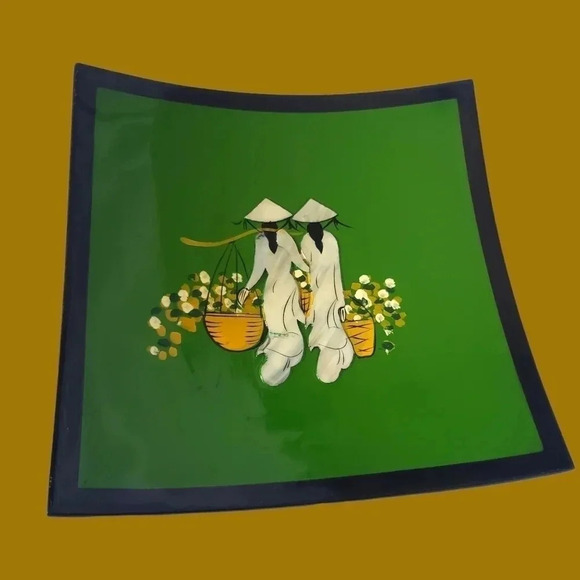 Vietnamese lacquerware tray set of 3 plate Set green black - Picture 2 of 10